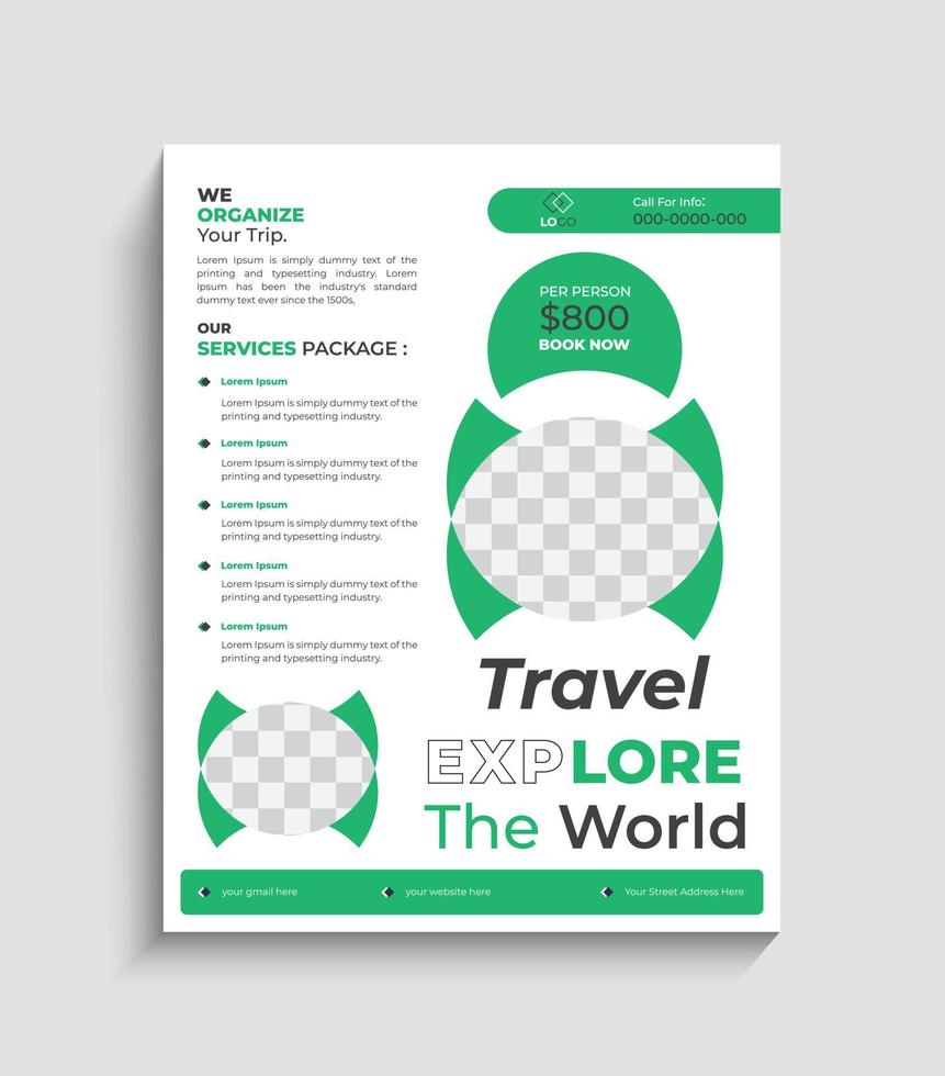 resa flygblad broschyr design layout Plats för grön resa flygblad design mall för resa byrå vektor