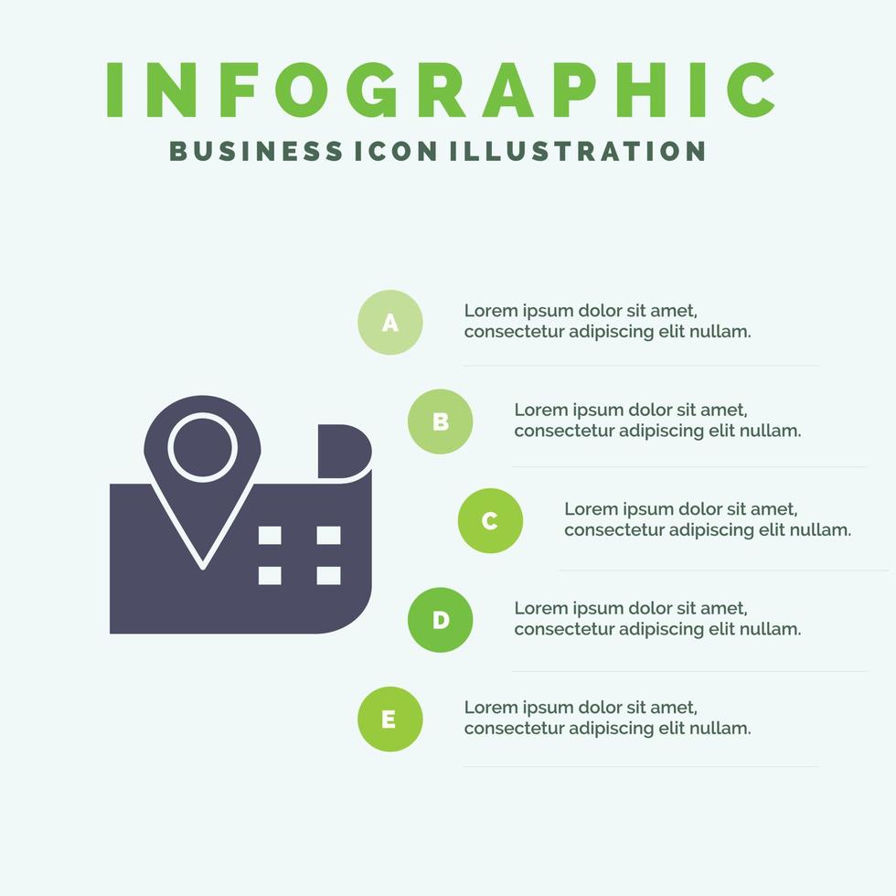 Kartennavigation Standort festes Symbol Infografiken 5 Schritte Präsentationshintergrund vektor