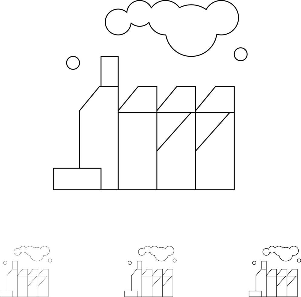 Energieverschmutzungsfabrik Fett und dünne schwarze Linie Symbolsatz vektor