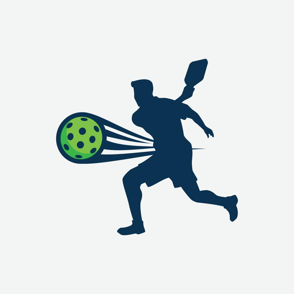 Vektorgrafik einer männlichen Pickleball-Spieler-Silhouette und eines sich dynamisch bewegenden Balls für Werbung, Logo, Banner, Post in sozialen Medien usw. vektor