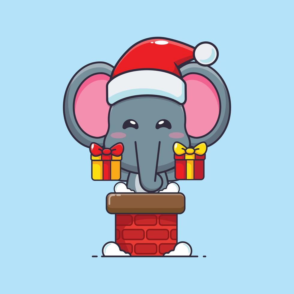 süßer elefant mit weihnachtsmütze im kamin. nette weihnachtskarikaturillustration. vektor