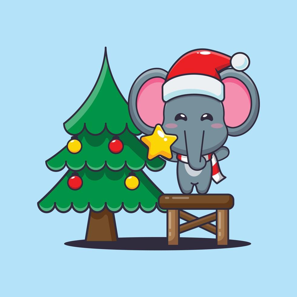süßer elefant, der stern vom weihnachtsbaum nimmt. nette weihnachtskarikaturillustration. vektor