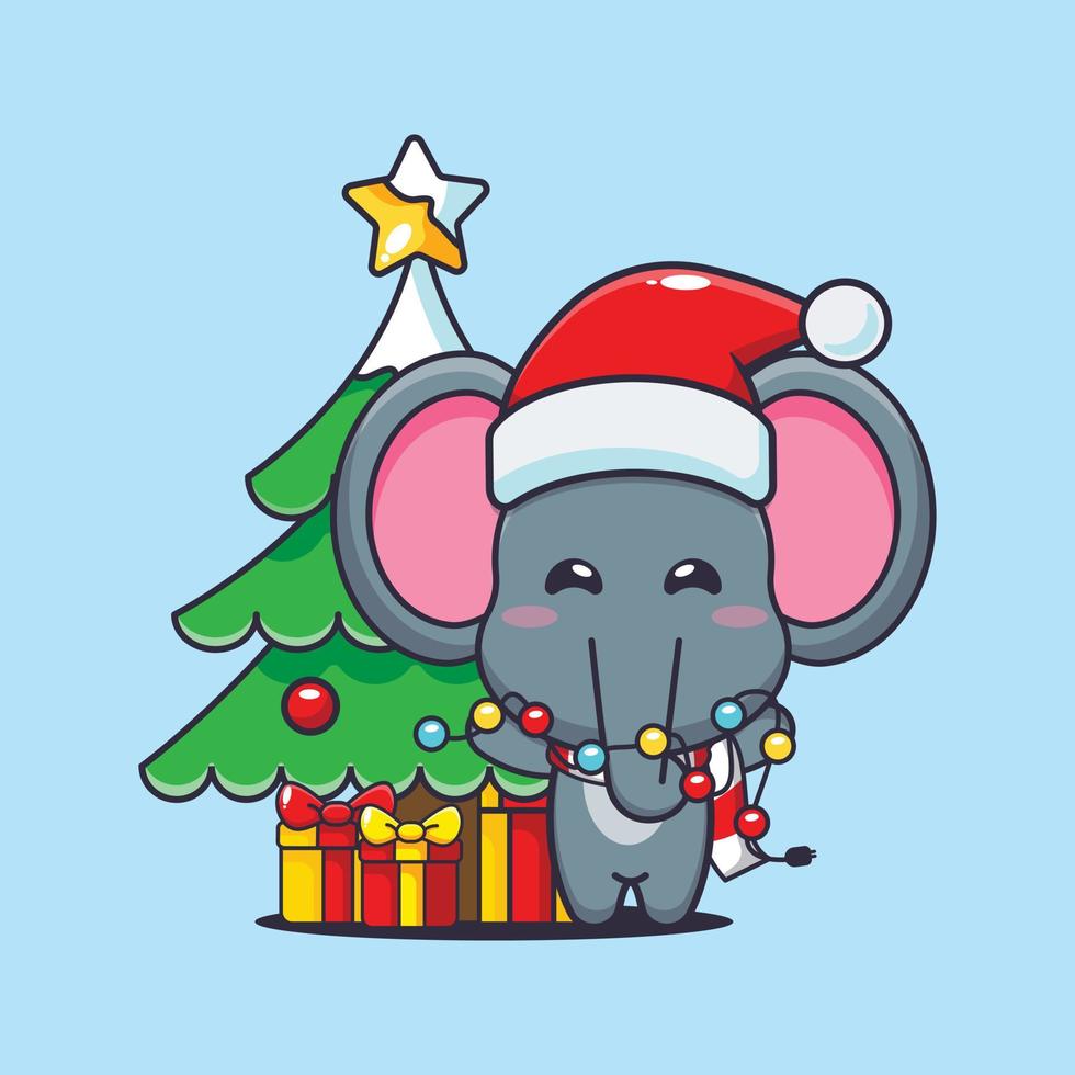 süßer elefant mit weihnachtslampe. nette weihnachtskarikaturillustration. vektor