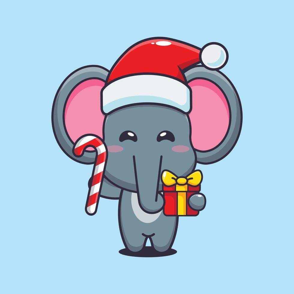 süßer elefant, der weihnachtssüßigkeiten und geschenk hält. nette weihnachtskarikaturillustration. vektor