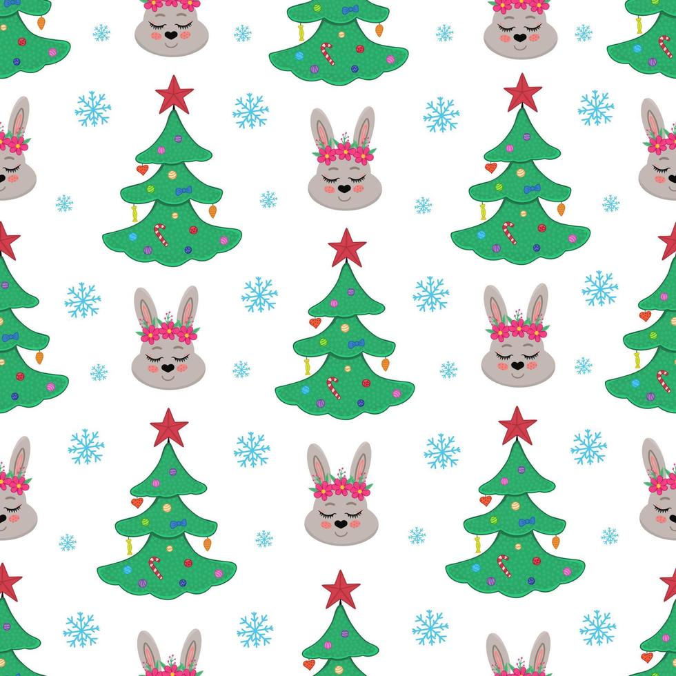 nahtloses muster des weihnachtshasen. Weihnachtsbaum und Kaninchen. Illustration für Hintergründe, Cover und Verpackungen. Bild kann für Grußkarten und Textilien verwendet werden. isoliert auf weißem Hintergrund. vektor