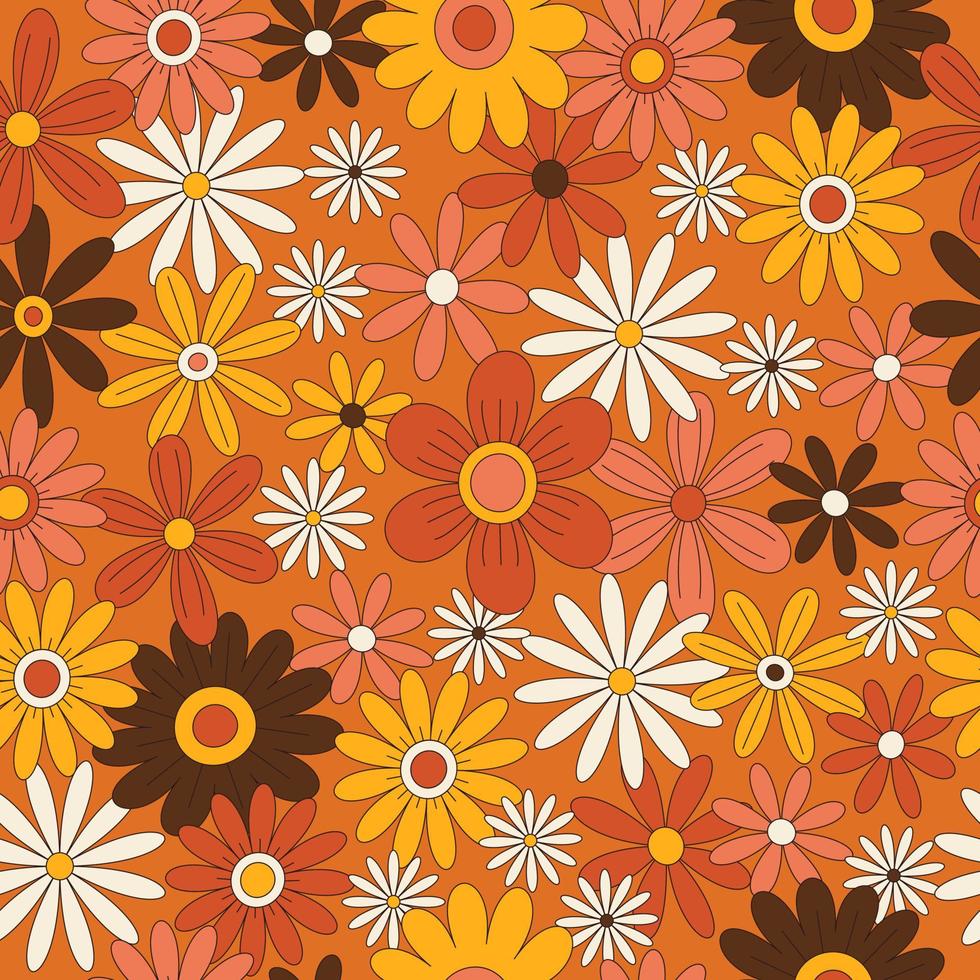 blommig sömlös retro mönster i de stil av de 70-tal. hippie estetik, blomma kraft. modern, årgång, 60-tal. orange, gul, brun färger. tyg, omslag papper vektor