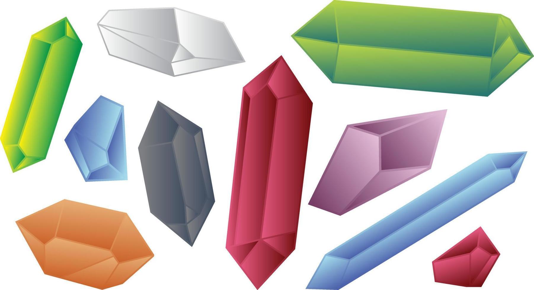 uppsättning av färgad kristaller i annorlunda former på en vit bakgrund. vektor