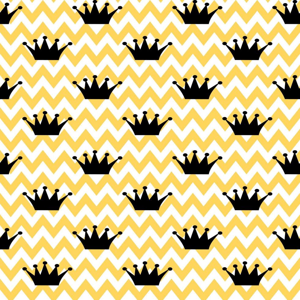 vektor sömlös mönster. prinsessa svart krona på sicksack- vit-gul bakgrund. Semester, omslag, papper, gåva, närvarande, trasa, tyg, jul, bebis, födelsedag, ny år och kunglig begrepp.