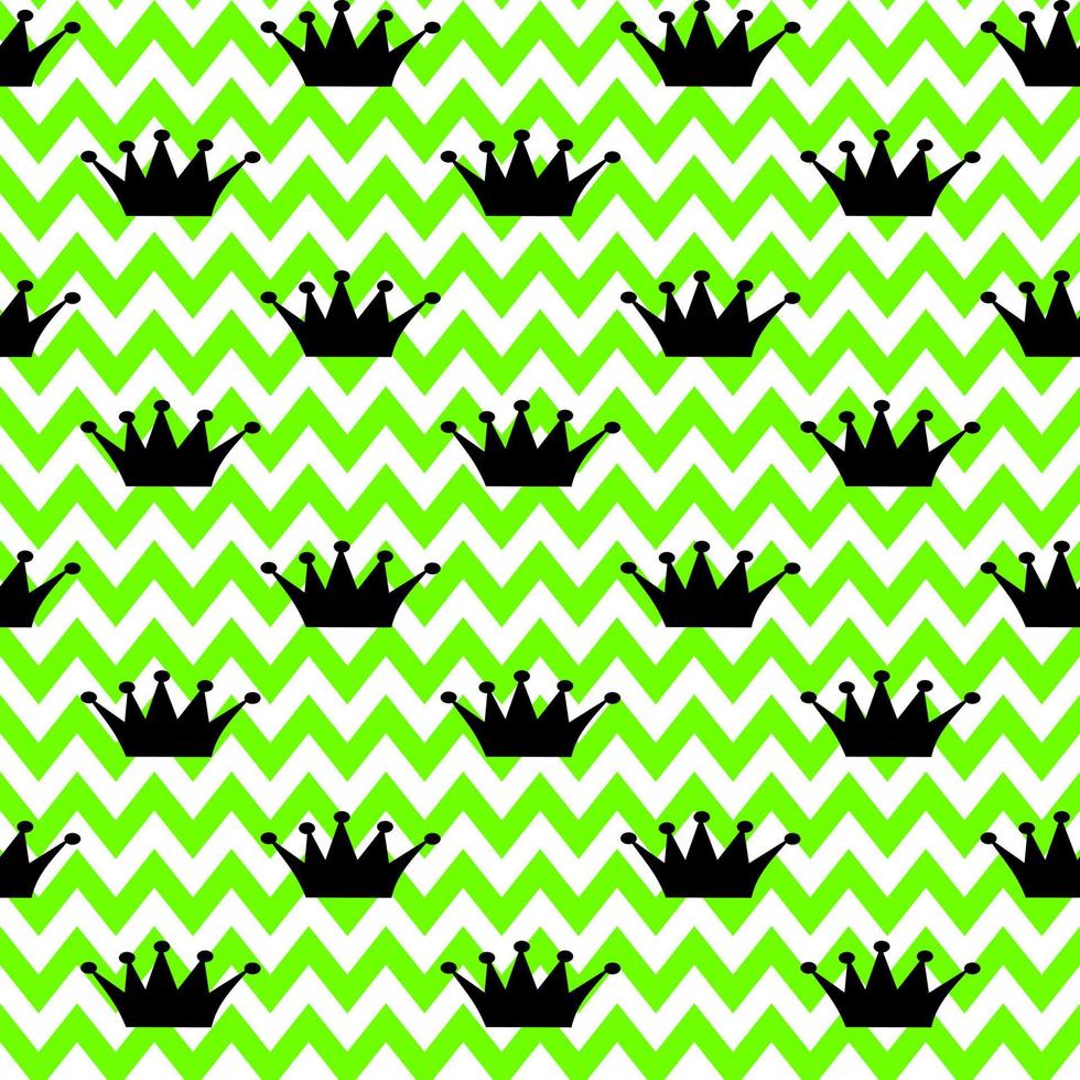 Vektor nahtlose Muster. Prinzessin schwarze Krone auf weiß-grünem Hintergrund im Zickzack. urlaub, verpackung, papier, geschenk, geschenk, stoff, stoff, weihnachten, baby, geburtstag, neujahr und königliches konzept.