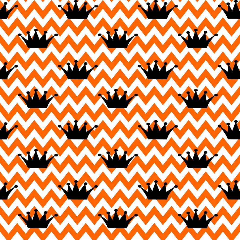 vektor sömlös mönster. prinsessa svart krona på sicksack- vit-orange bakgrund. Semester, omslag, papper, gåva, närvarande, trasa, tyg, halloween, bebis, födelsedag, authum och kunglig begrepp.