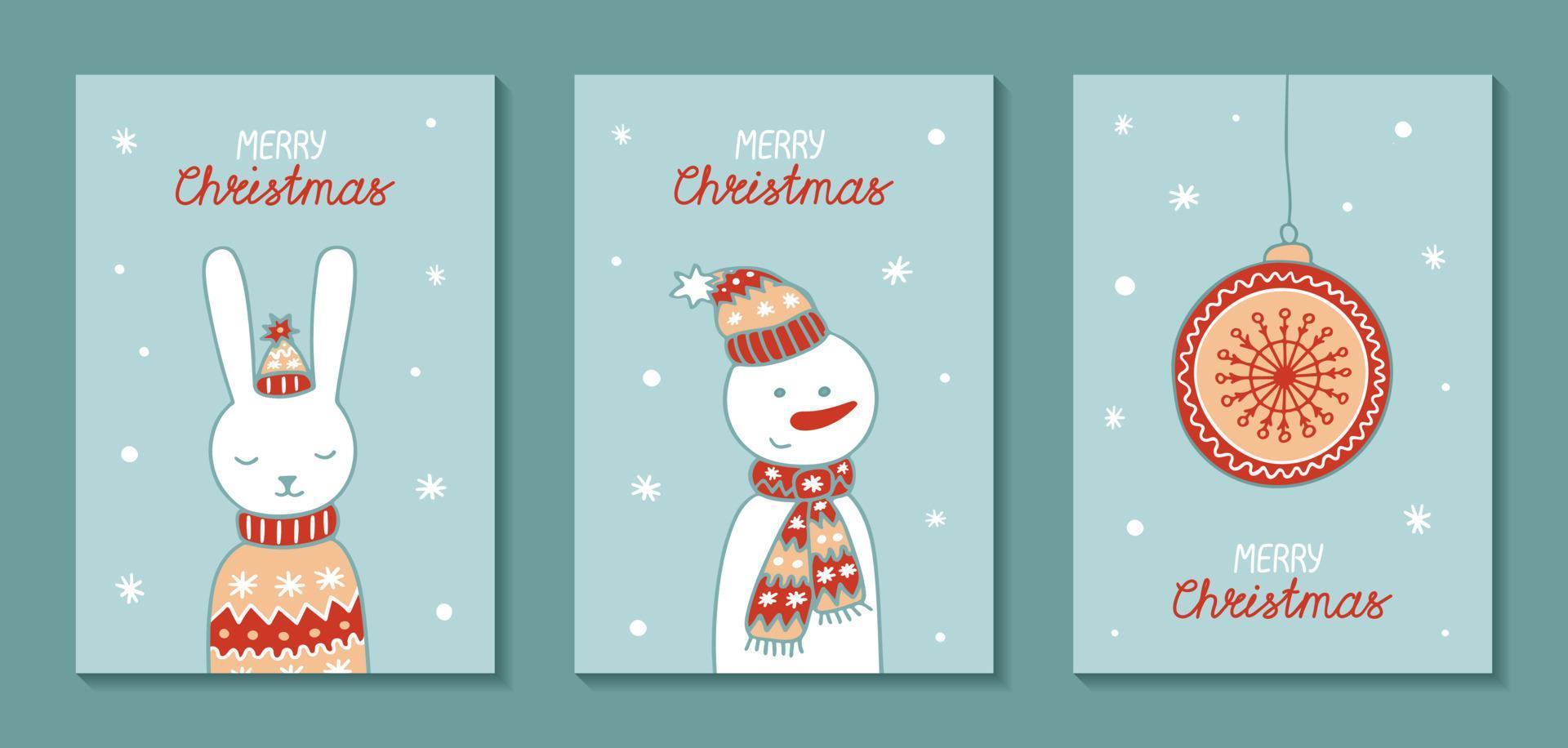 uppsättning av congratulation kort för jul med hare, snögubbe och jul träd leksak. vektor vertikal mall.