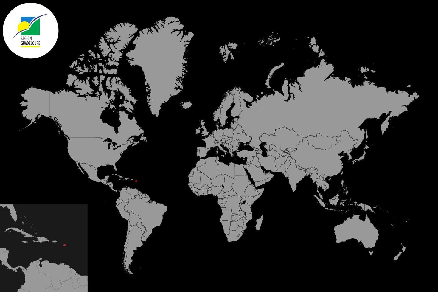 nålkarta med guadeloupes flagga på världskartan. vektor illustration.