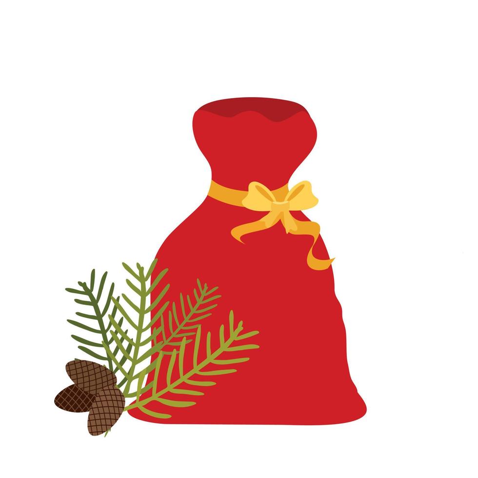 eine Tüte mit Geschenken. Weihnachtsgeschenke in der Tasche des Weihnachtsmanns. dekoration für grußkarten, poster, streifen, embleme. moderner flacher Stil, isoliert auf weißem Hintergrund vektor