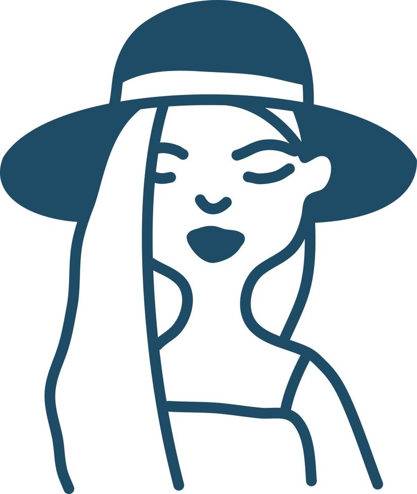 Frau mit langen Haaren und großem Hut, Illustration, Vektor auf weißem Hintergrund.