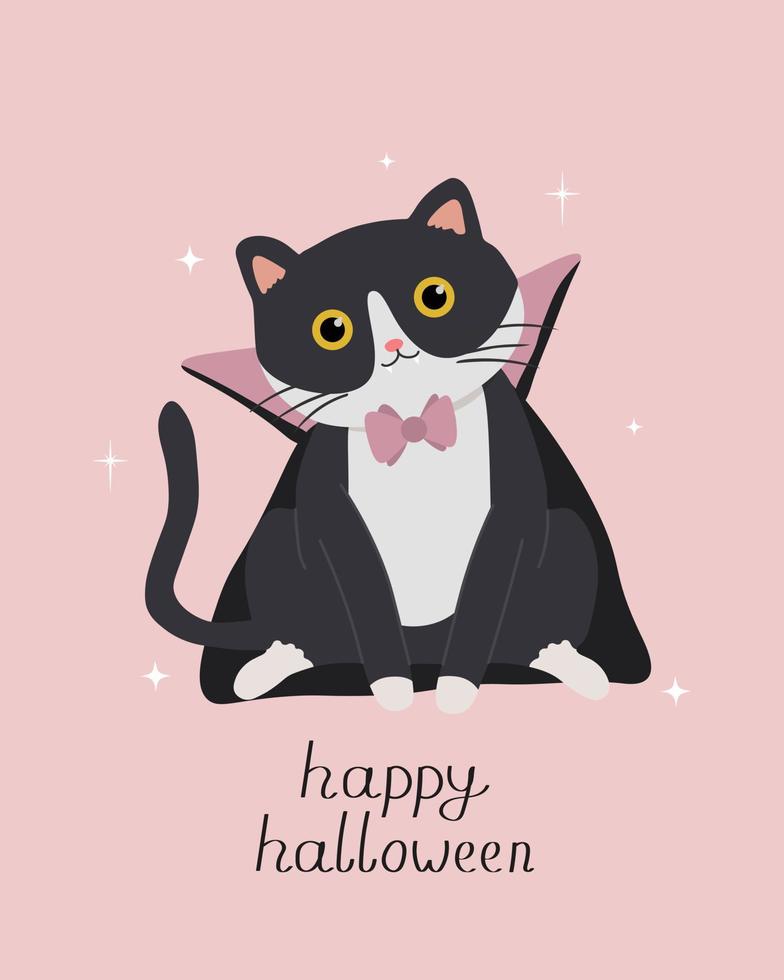 halloween vektor illustration med vampyr katt. söt katt på rosa bakgrund. vektor skriva ut för hälsning kort, affisch, inbjudan eller Övrig tryckbar mönster.