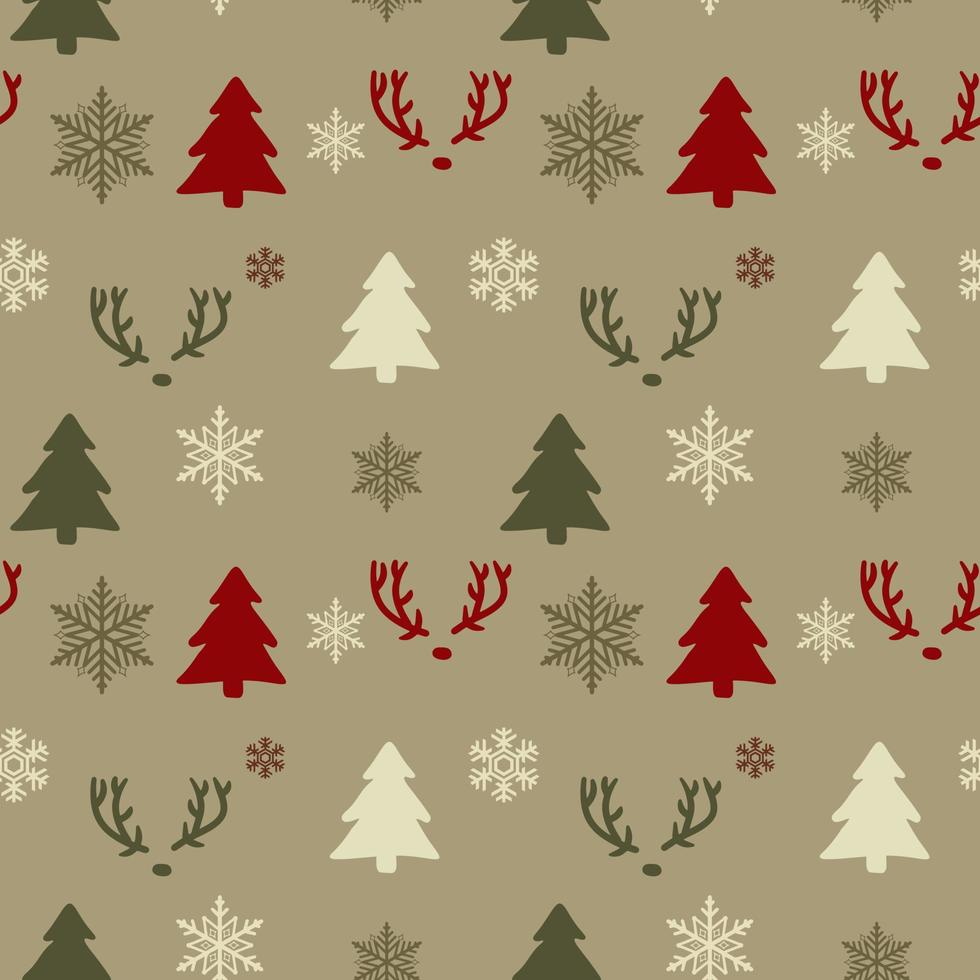 nahtloses weihnachtsmuster. Hintergrund mit Hirschen, Schneeflocken und Weihnachtsbäumen. Perfekt für Geschenkpapier, Grußkarten, Textilien vektor