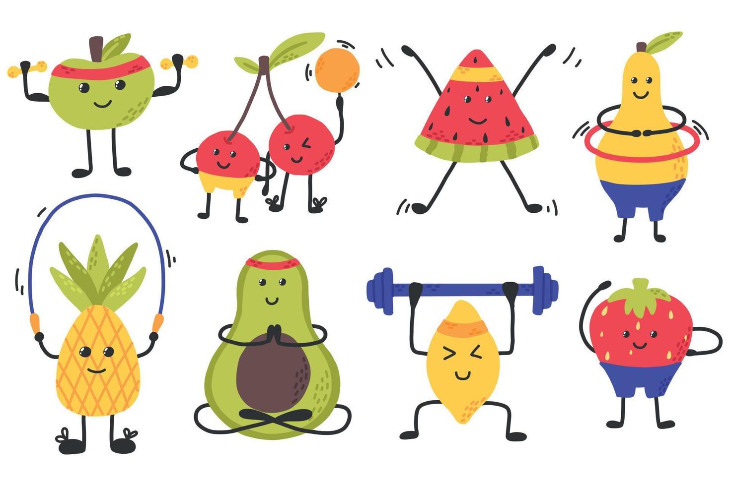 Fruchtzeichen gesetzt. sportliche Charaktere. flacher Stil. Vektor-Illustration. Avocado, Apfel, Nananas, Zitrone, Erdbeere, Birne treiben Sport. vektor