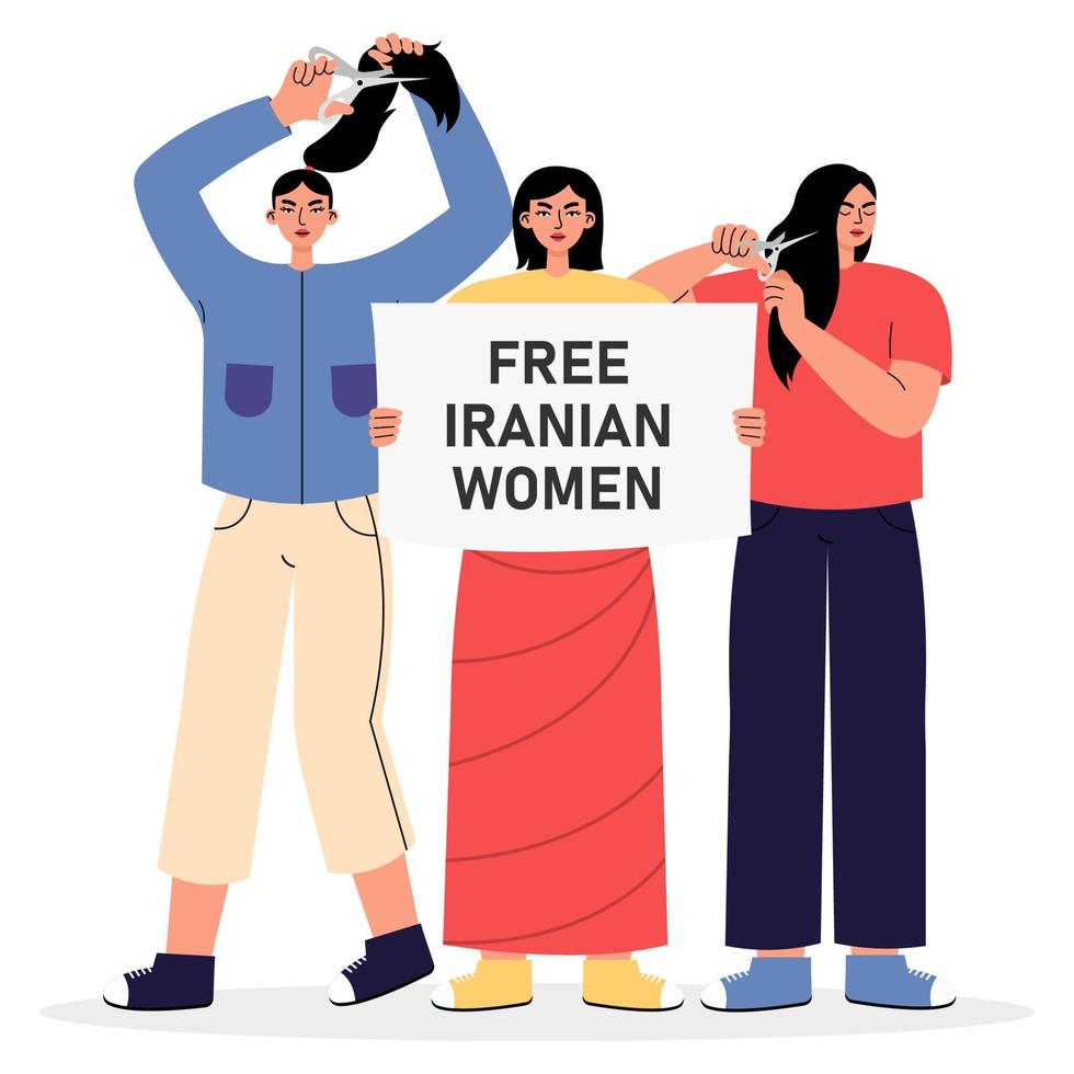 Protest der iranischen Frauen. frauen, die poster halten und sich die haare schneiden. Aktivisten unterstützen die Iranerin. vektor