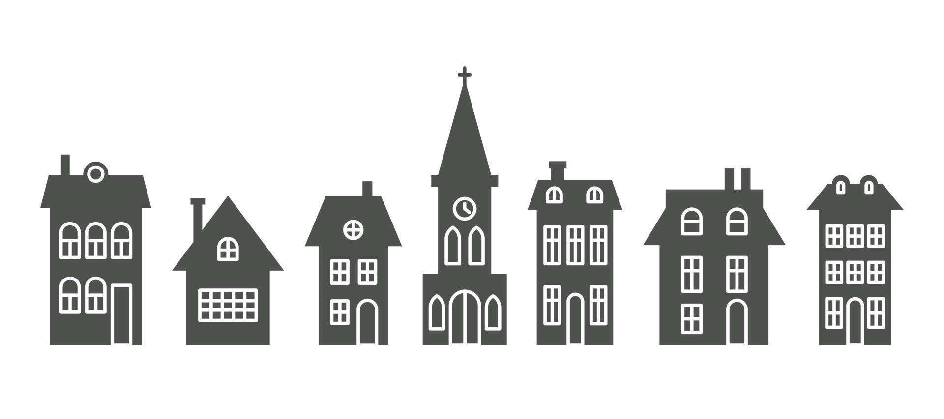 silhuett av stugor och kyrka i grannskap. uppsättning av hus på förorts gata. landsbygden stugor. glyf vektor illustration.