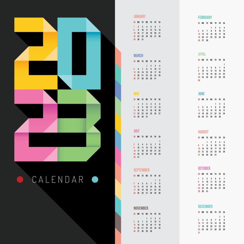2023 Origami-Kalender bunt frohes neues Vektordesign. vektor