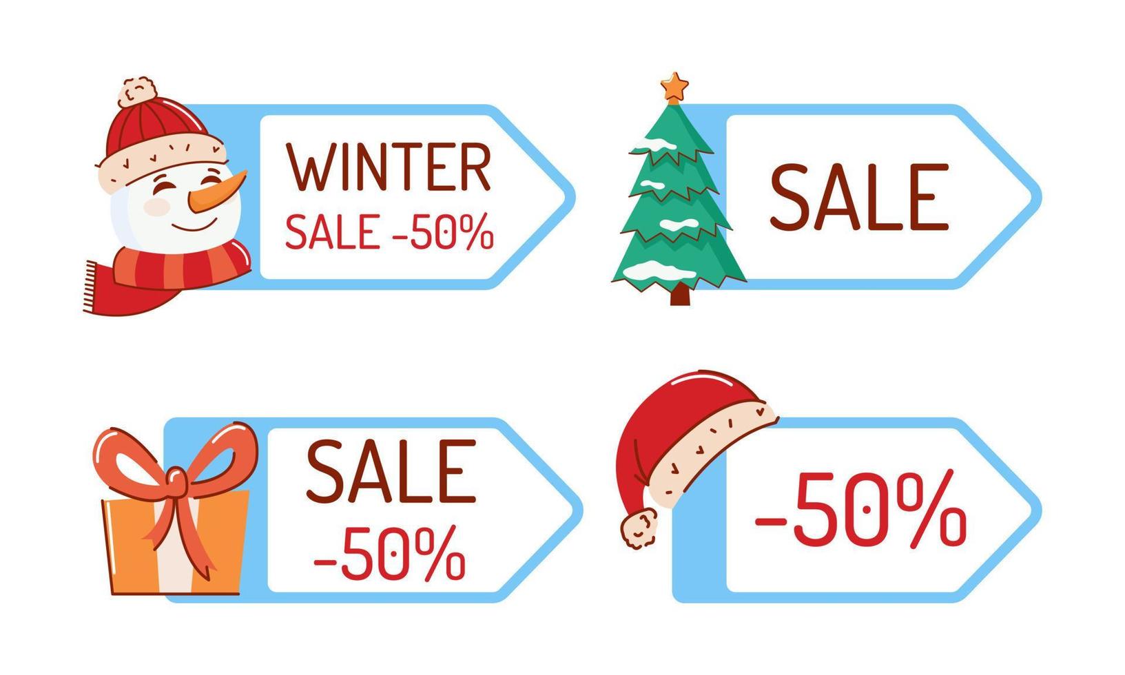 vektorweihnachtsikonenverkauf mit schneemann, weihnachtsbaum, geschenk und weihnachtsmütze. weihnachtsgestaltungselement vektor