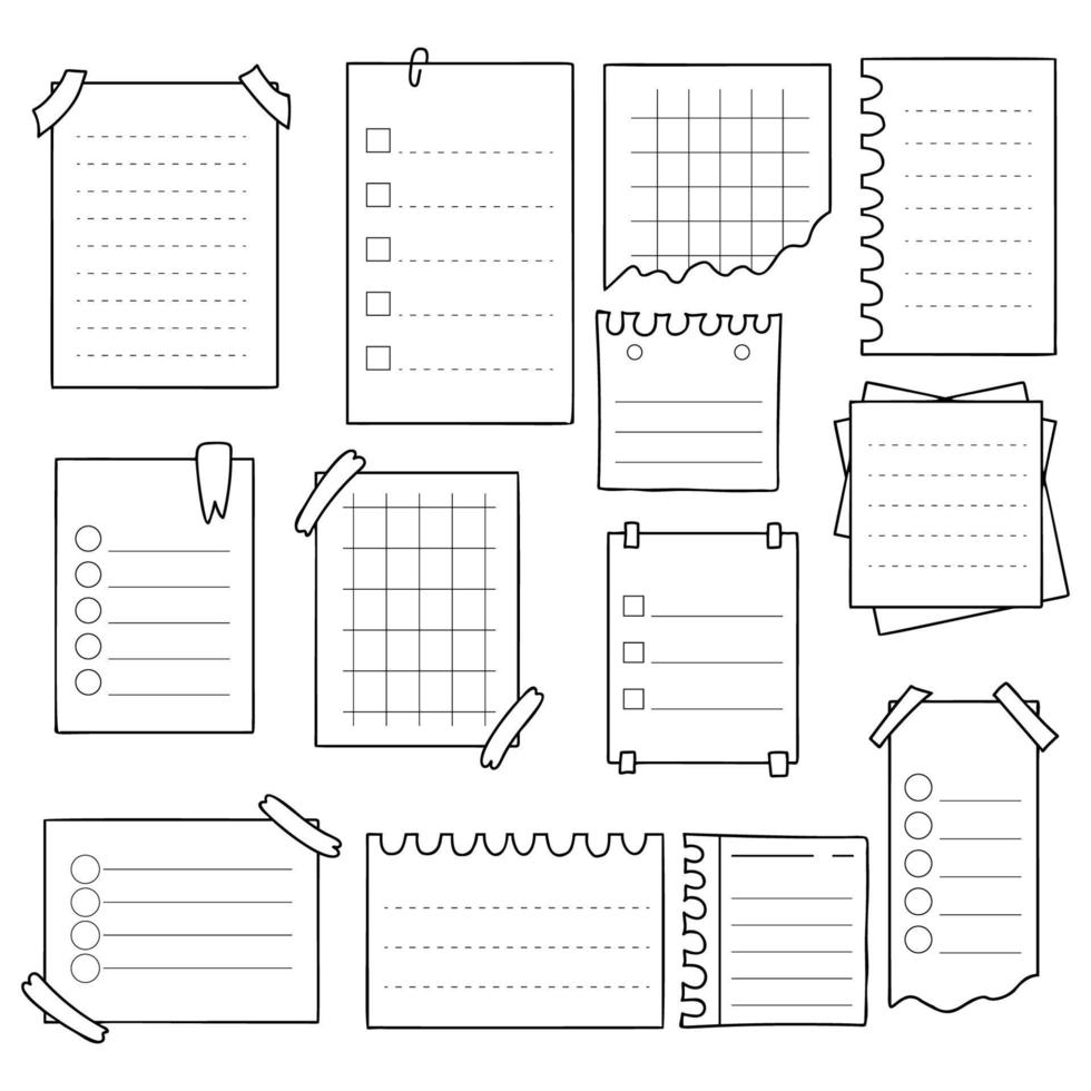 Legen Sie Vektor-Doodle-Blätter von Notizbüchern fest. handgezeichnetes papier mit streifen, leer, notizbucherinnerungen, erinnerung. isolierte verschiedene blätter, notizen, erinnerungsseiten für design, schulnotizen oder informationen. vektor