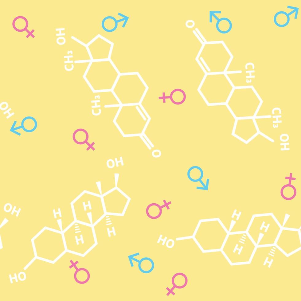 sömlös bakgrund med kön symboler sammanflätade kvinna och manlig och hormoner testosteron och östrogen. vektor illustration.