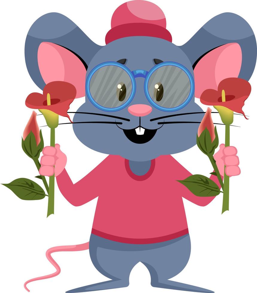 mus med blommor, illustration, vektor på vit bakgrund.