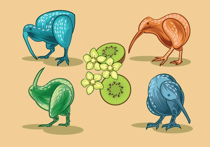Vektorbild av Nice Kiwifåglar och Kiwifrukter vektor