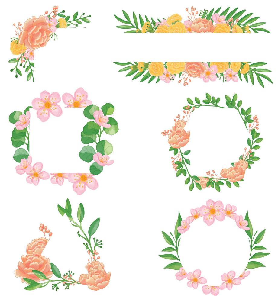 vattenfärg blomma och blad ram, grön löv ClipArt vektor