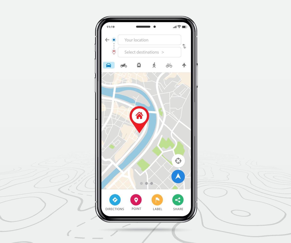 Mobiles Karten-GPS, Smartphone-Kartenanwendung und roter Punkt auf dem Bildschirm, App-Suchkartennavigation, isoliert auf Linienkartenhintergrund, Vektorillustration für Grafikdesign vektor