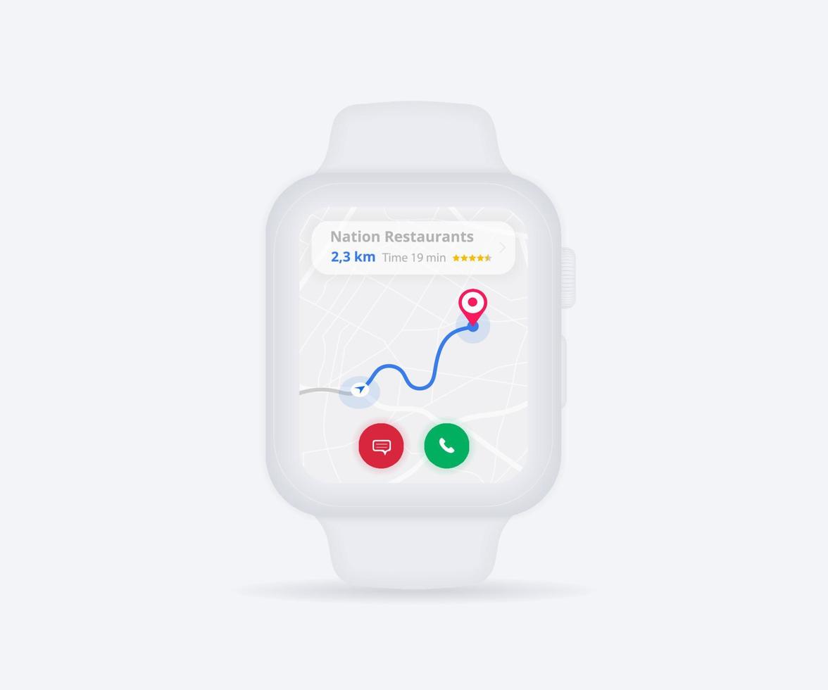 Smartwatch-Karten-GPS-Navigations-App-UX-UI-Konzept, Uhrenkartenanwendung, App-Suchkarten-Armbanduhr, Technologiekarte, Stadtnavigationshandgelenk, Stadtstraße, GPS-Tracking, Standort-Tracker, Vektorillustration vektor