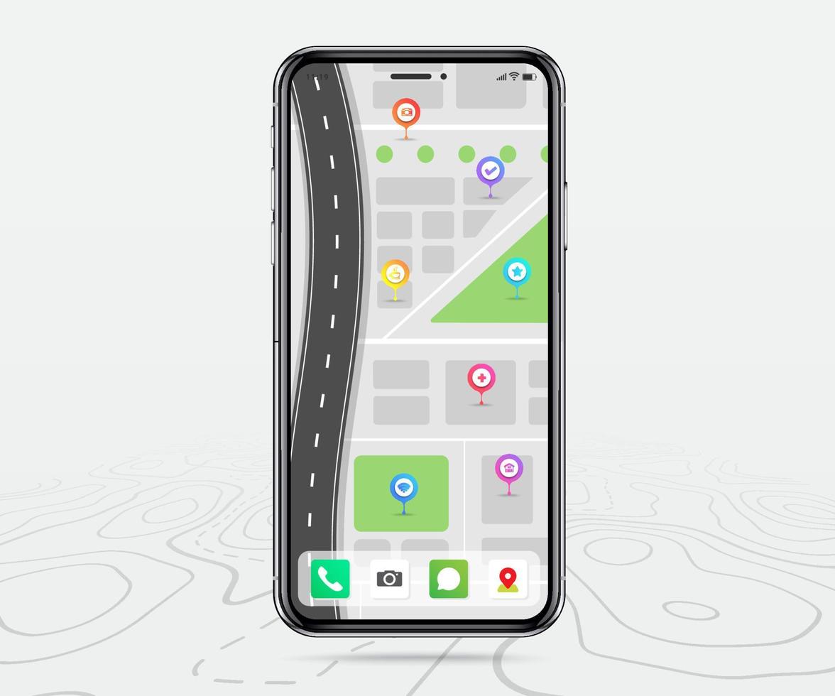 mobil Karta gps, smartphone Karta Ansökan och röd precisera på skärm, app Sök Karta navigering, isolerat på linje Kartor bakgrund, vektor illustration för grafisk design