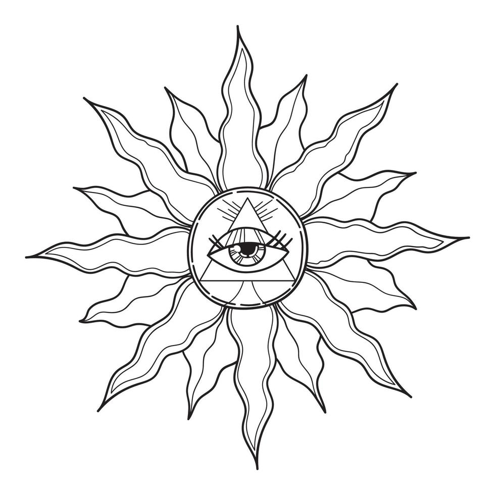 Sol med öga. bohemisk hand teckning, esoterisk skiss, gravyr stilisering. design för tatuering, astrologi, klistermärken, tarot. vektor illustration isolerat på vit bakgrund.