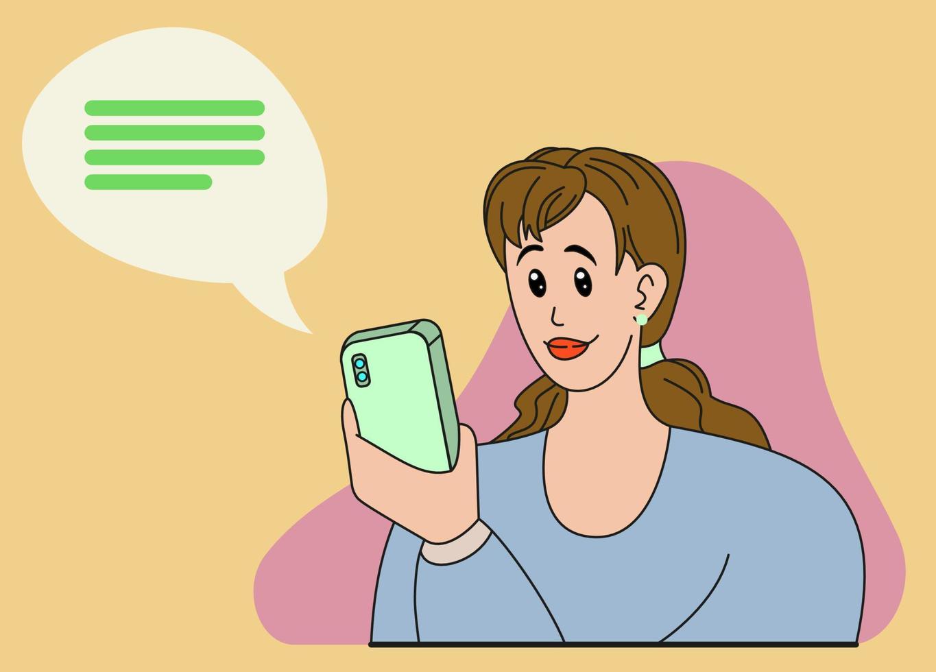 kvinna utseende in i de telefon. flicka läser en meddelande på de telefon. text i bubbla. vektor illustration.