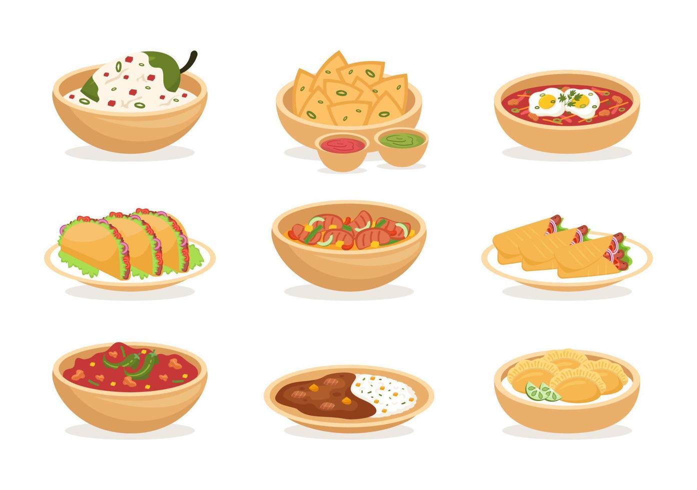 mexikanisches lebensmittelrestaurant mit verschiedenen köstlichen traditionellen küchetacos, nachos und anderem auf flacher hand gezeichneter schablonenillustration der karikatur vektor