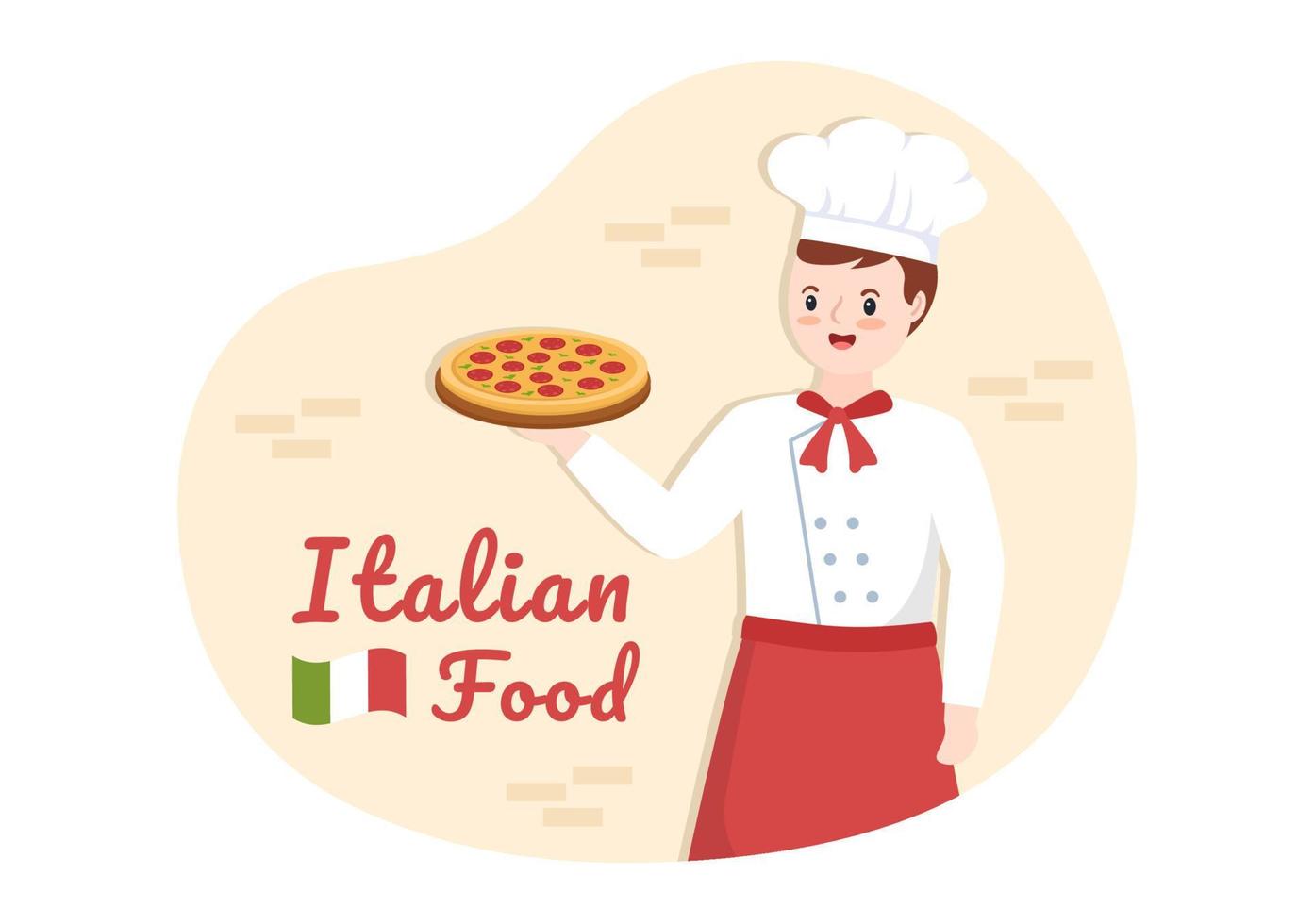 italiensk mat restaurang eller cafeteria med kock framställning traditionell italiensk maträtter pizza eller pasta i hand dragen tecknad serie mall illustration vektor