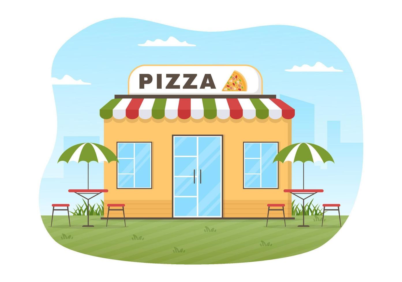 italienisches lebensmittelrestaurant oder cafeteria mit dem koch, der traditionelle italienische gerichte pizza oder pasta in handgezeichneter karikaturschablonenillustration macht vektor