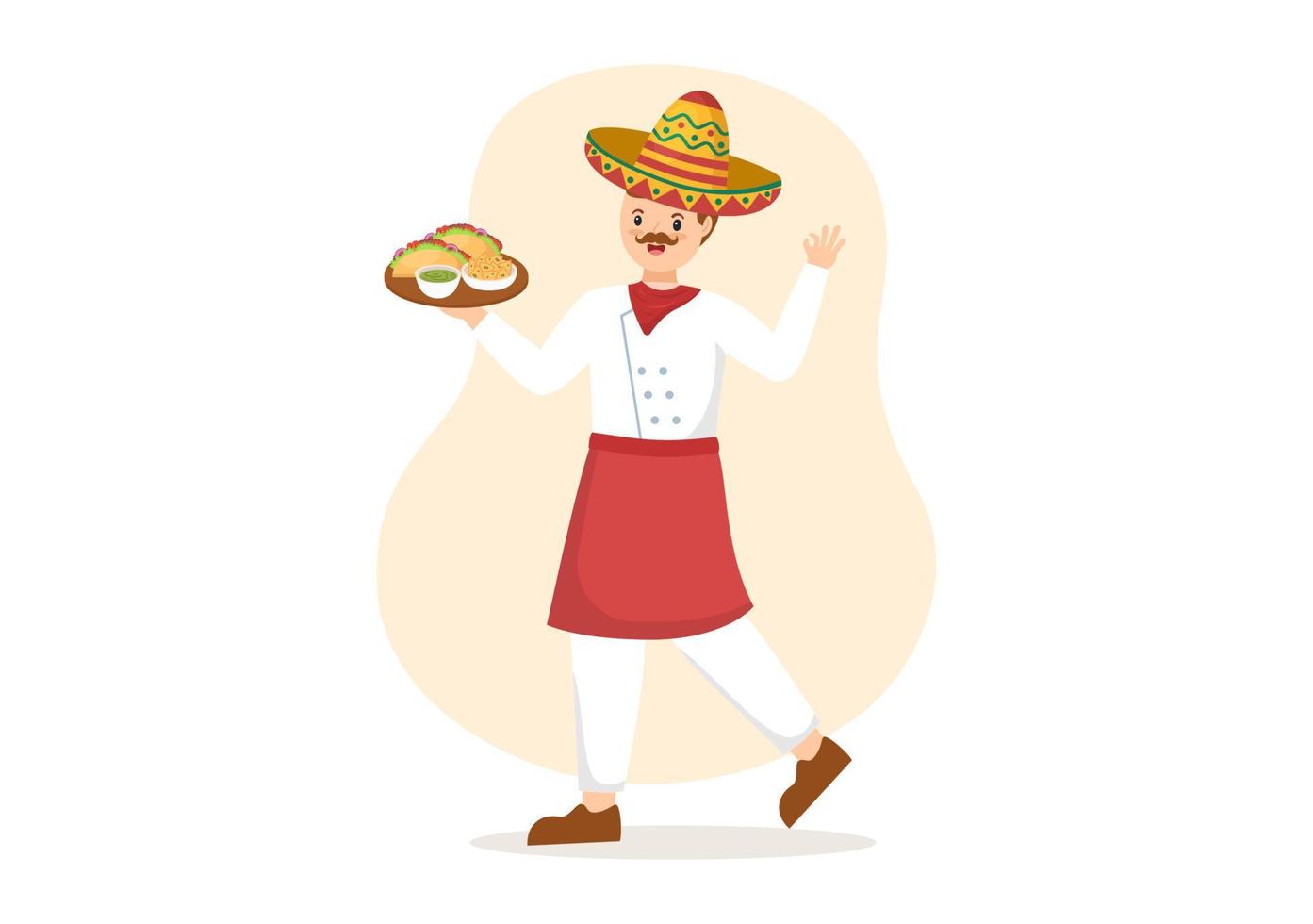 mexikanisches lebensmittelrestaurant mit verschiedenen köstlichen traditionellen küchetacos, nachos und anderem auf flacher hand gezeichneter schablonenillustration der karikatur vektor