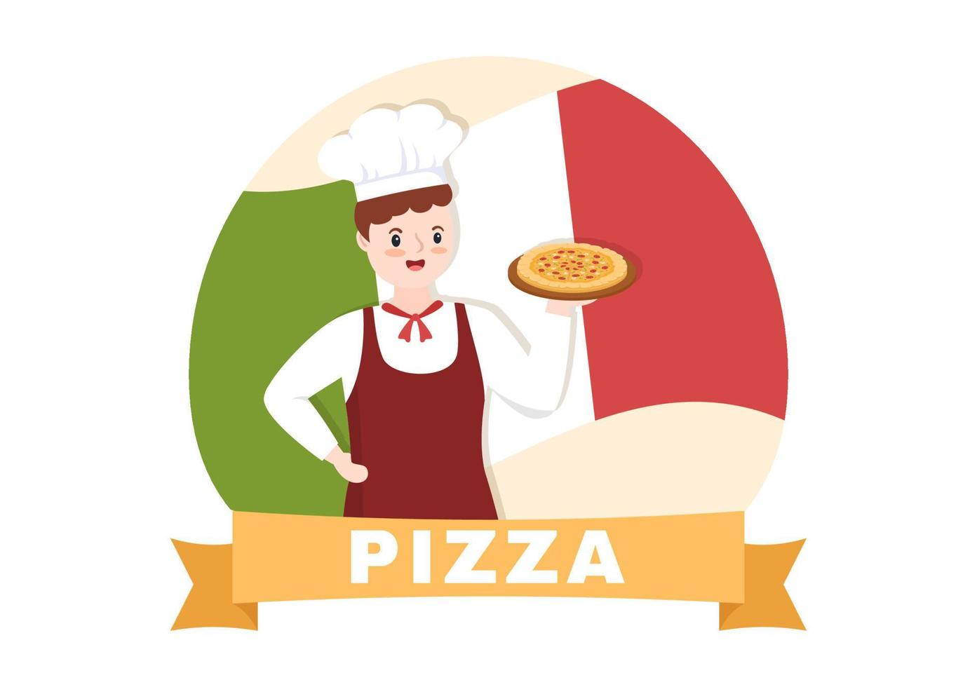 italienisches lebensmittelrestaurant oder cafeteria mit dem koch, der traditionelle italienische gerichte pizza oder pasta in handgezeichneter karikaturschablonenillustration macht vektor