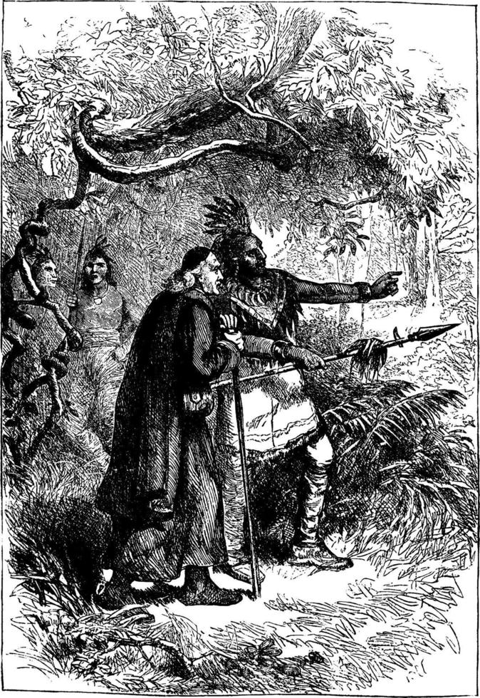 amerikanischer ureinwohner und pilger, vintage illustration. vektor