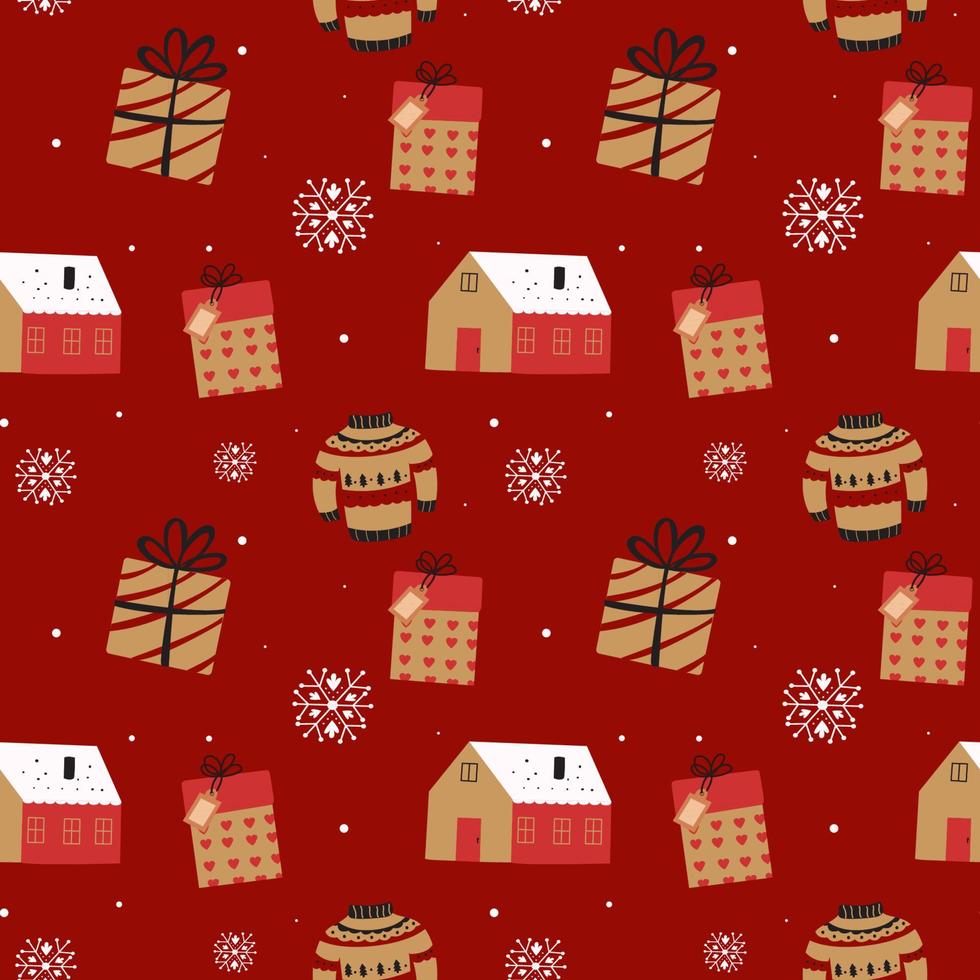 sömlös jul vektor med santa claus, gåvor, snöflingor och gåvor röd bakgrund.