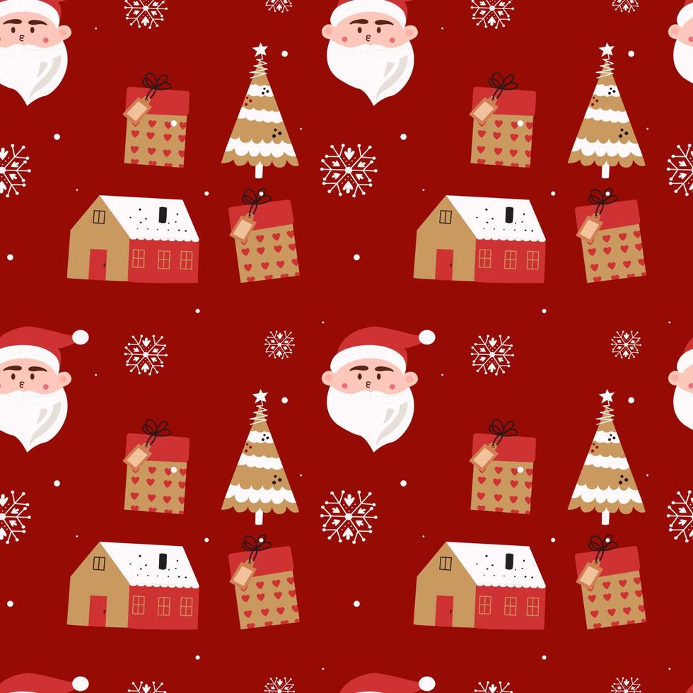 nahtloser weihnachtsvektor mit weihnachtsmann, geschenken, schneeflocken und rotem hintergrund der geschenke. vektor