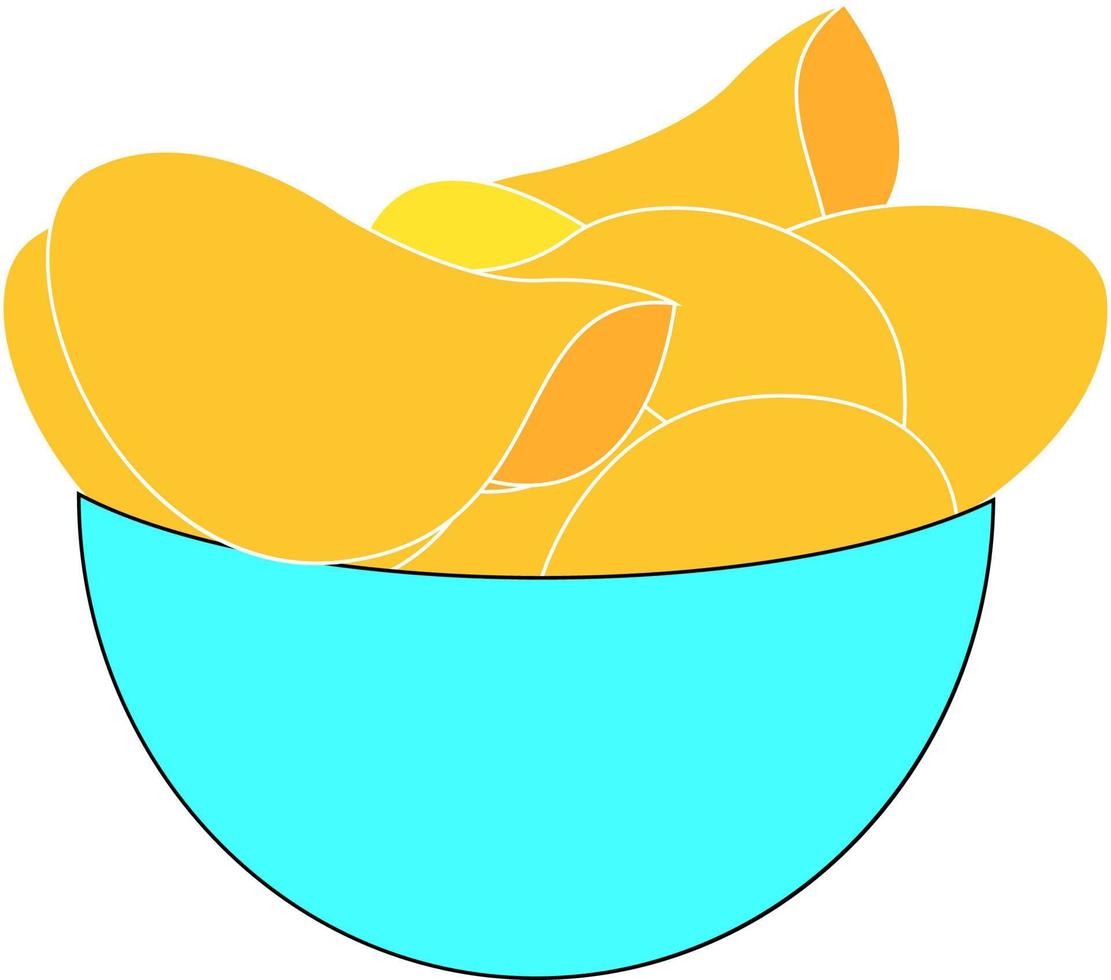 Chips in Schüssel, Illustration, Vektor auf weißem Hintergrund.