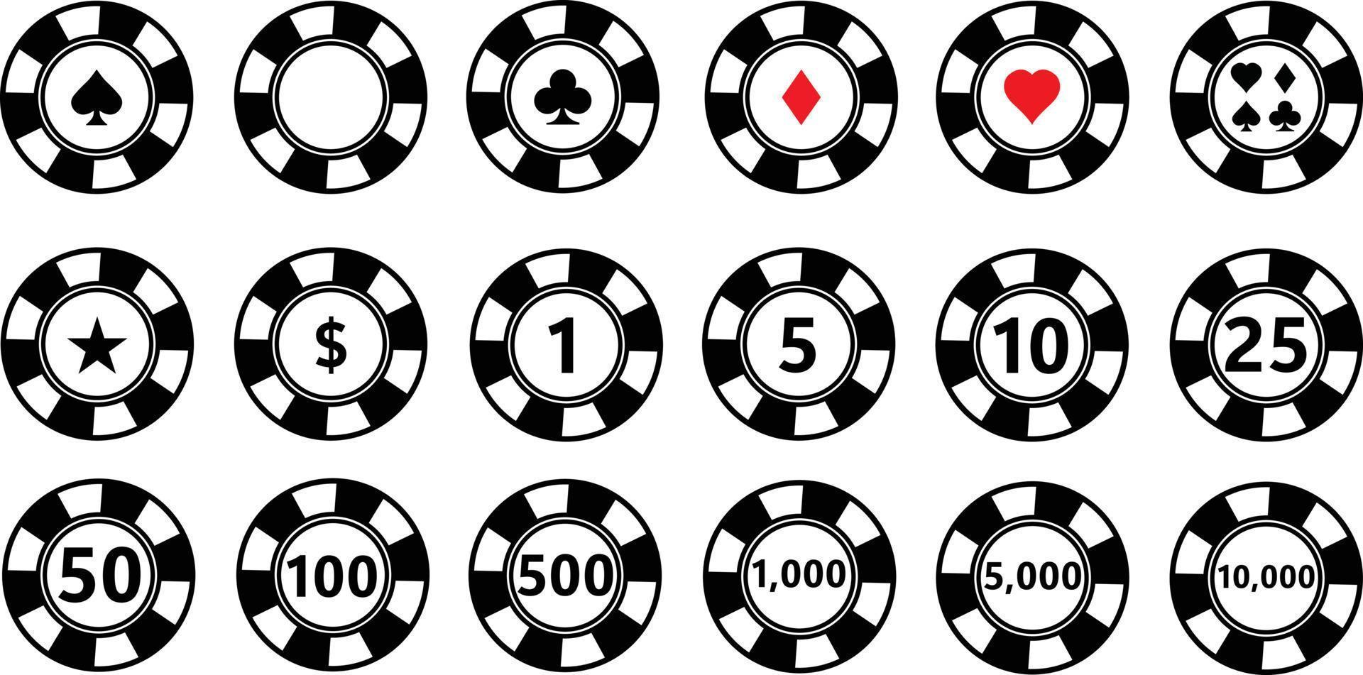 Casino-Münzen-Chipsatz auf weißem Hintergrund. Zeichen für Pokerchips. der Wert 5,10,25,50,100,500,1000. flacher Stil. vektor