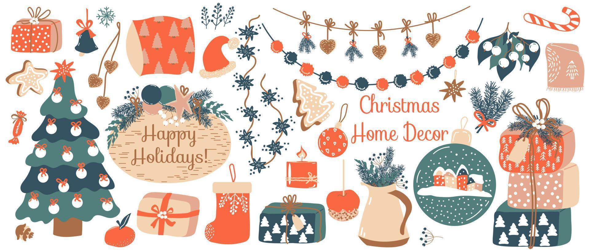 Weihnachts-Wohnkultur-Set. vektorelemente von handgezeichneten elementen aus fichte, geschenkboxen, girlanden, lebkuchen, süßigkeiten, textilien, weihnachtsspielzeug. trendige Objekte für die gemütliche Winterzeit vektor