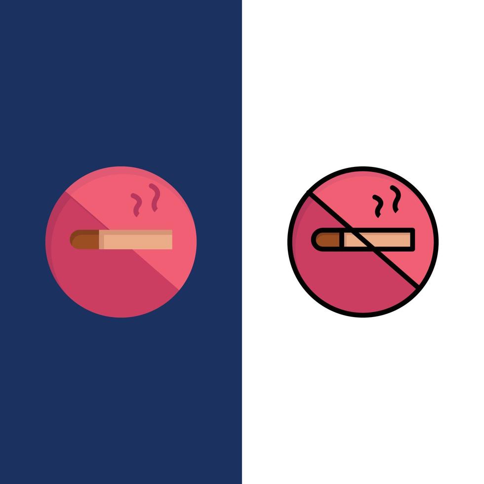 rökning Nej rökning cigarett hälsa ikoner platt och linje fylld ikon uppsättning vektor blå bakgrund