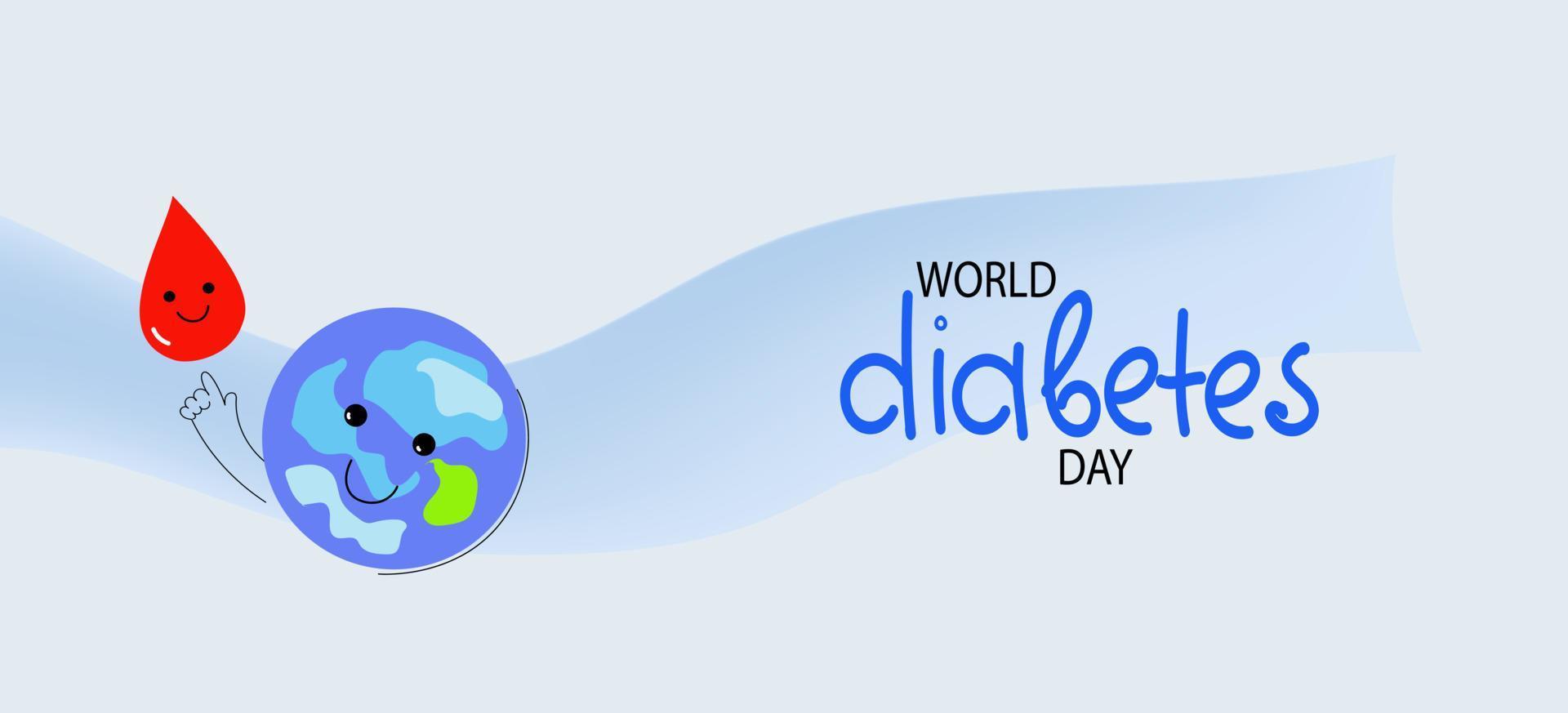 social media horisontell baner mall för värld diabetes dag. rolig planet karaktär med blod släppa, digital glukometer. vektor platt tecknad serie klotter baner.