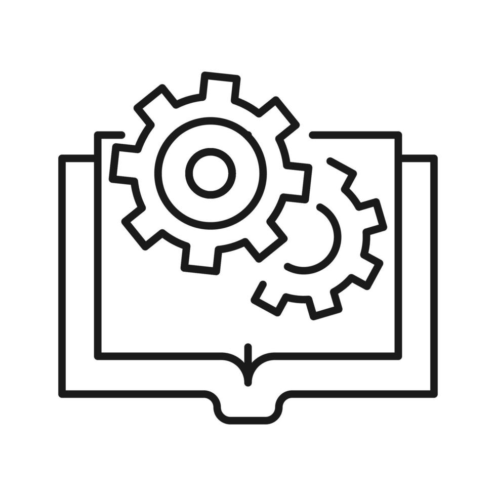bok, läsning, roman, utbildning. enkel isolerat piktogram för webb webbplatser, butiker, artiklar, annonser. redigerbar stroke. vektor linje ikon av kugghjul över öppnad bok