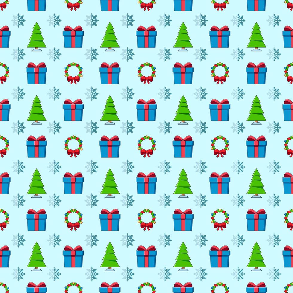 vektor sömlös mönster av snö, presentlåda och krans på blå bakgrund för textil, kläder, vykort, bakgrundsbilder. jul och ny år begrepp
